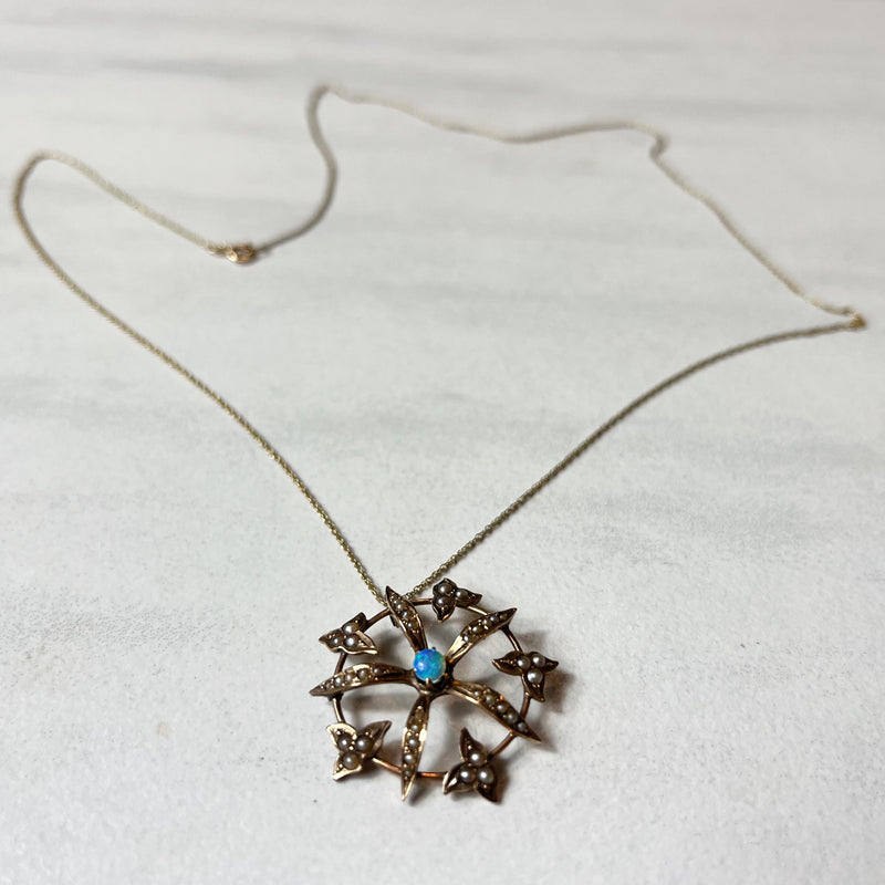 Edwardian Burst Opal and Pearl Pendant